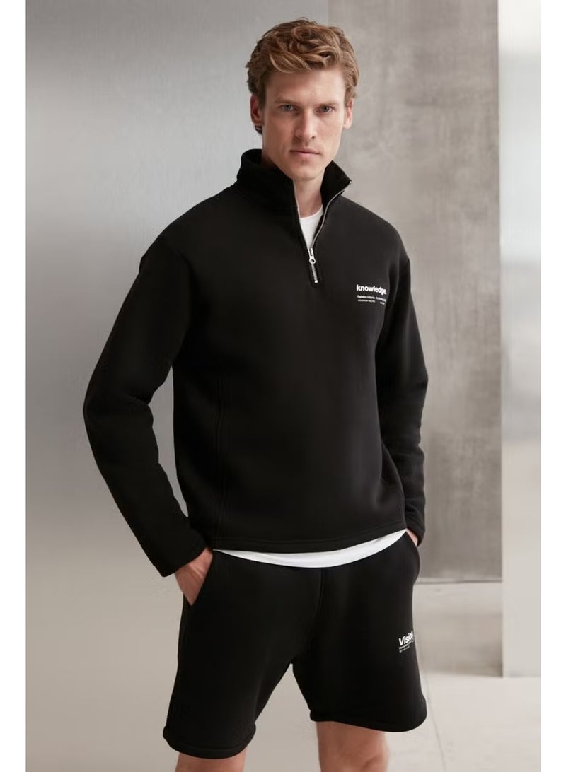 GRIMELANGE Halden Men's Polar Fleece Stand Collar Half Zipper Printed Detail Regular Black Sweatshirt - Image 2